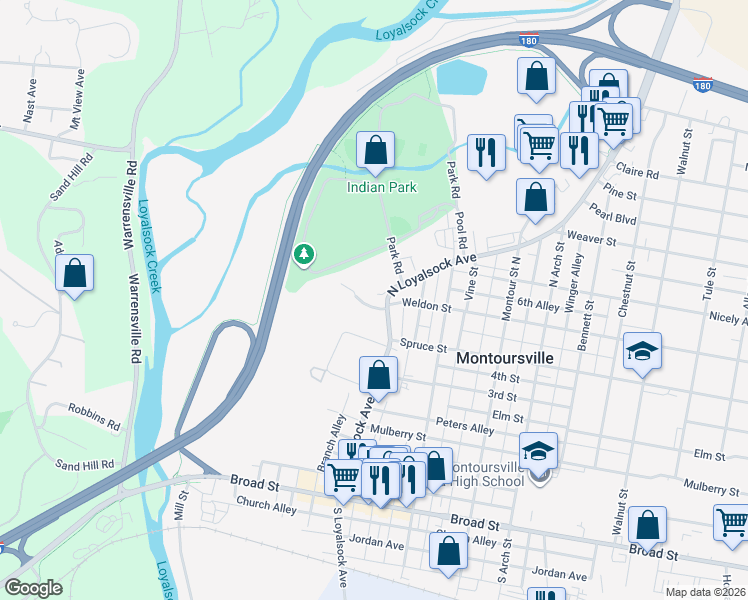 map of restaurants, bars, coffee shops, grocery stores, and more near 86 Rockey Lane in Montoursville