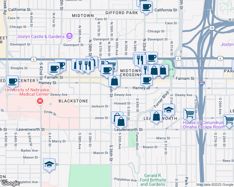 map of restaurants, bars, coffee shops, grocery stores, and more near 3532 Dewey Avenue in Omaha