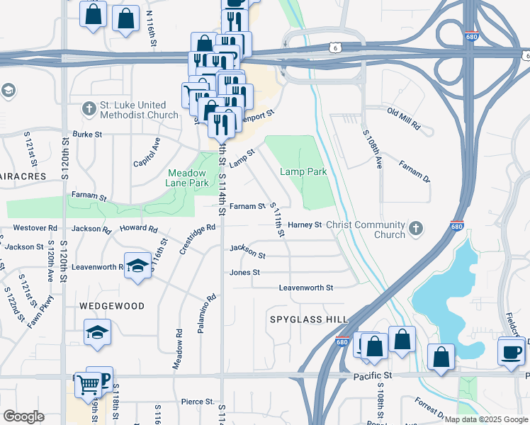 map of restaurants, bars, coffee shops, grocery stores, and more near 11111 Farnam St in Omaha