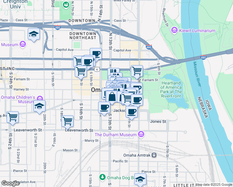 map of restaurants, bars, coffee shops, grocery stores, and more near 1209 Harney Street in Omaha