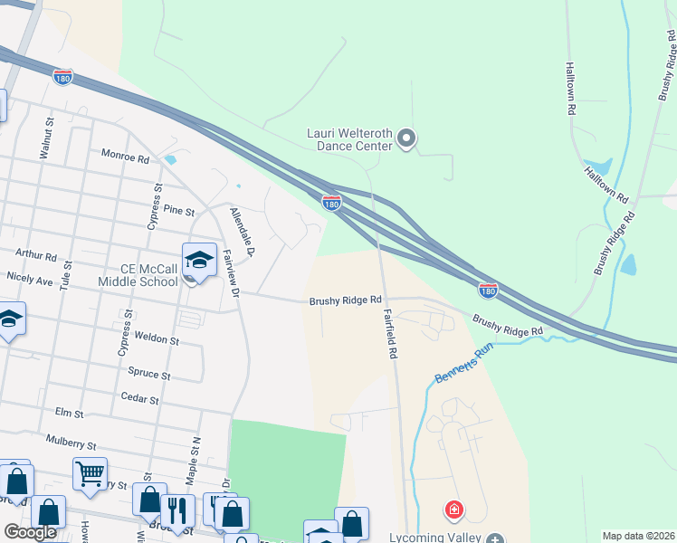 map of restaurants, bars, coffee shops, grocery stores, and more near 185 Brushy Ridge Road in Montoursville