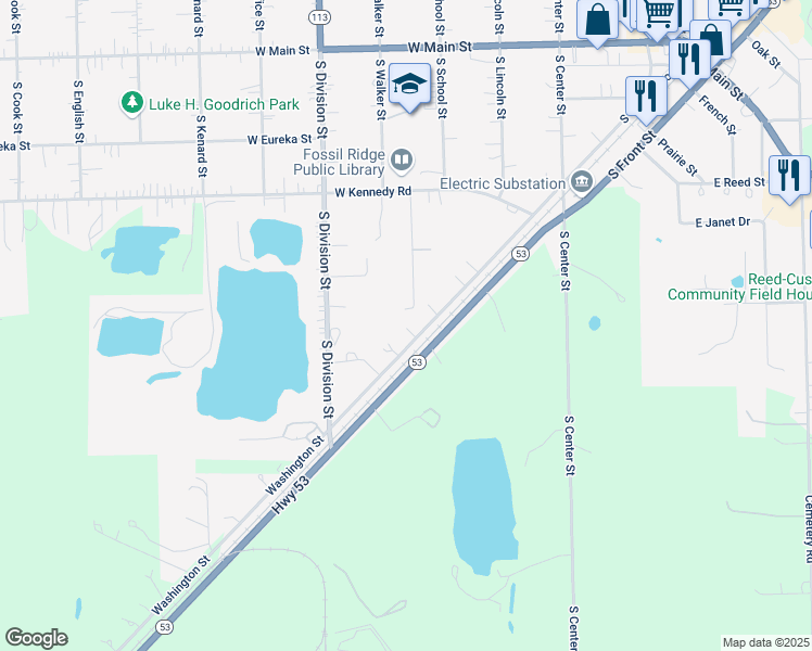 map of restaurants, bars, coffee shops, grocery stores, and more near 412 South Washington Street in Braidwood