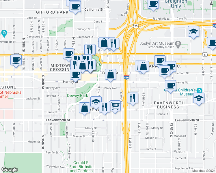map of restaurants, bars, coffee shops, grocery stores, and more near 2960 Dewey Avenue in Omaha