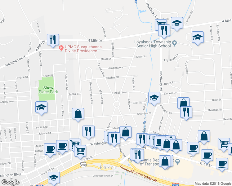 map of restaurants, bars, coffee shops, grocery stores, and more near 1501 Lincoln Avenue in Williamsport