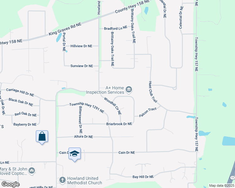 map of restaurants, bars, coffee shops, grocery stores, and more near 9242 Briarbrook Drive Northeast in Warren