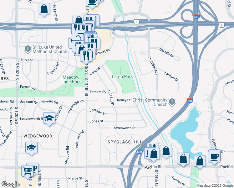 map of restaurants, bars, coffee shops, grocery stores, and more near 11003 Farnam Street in Omaha