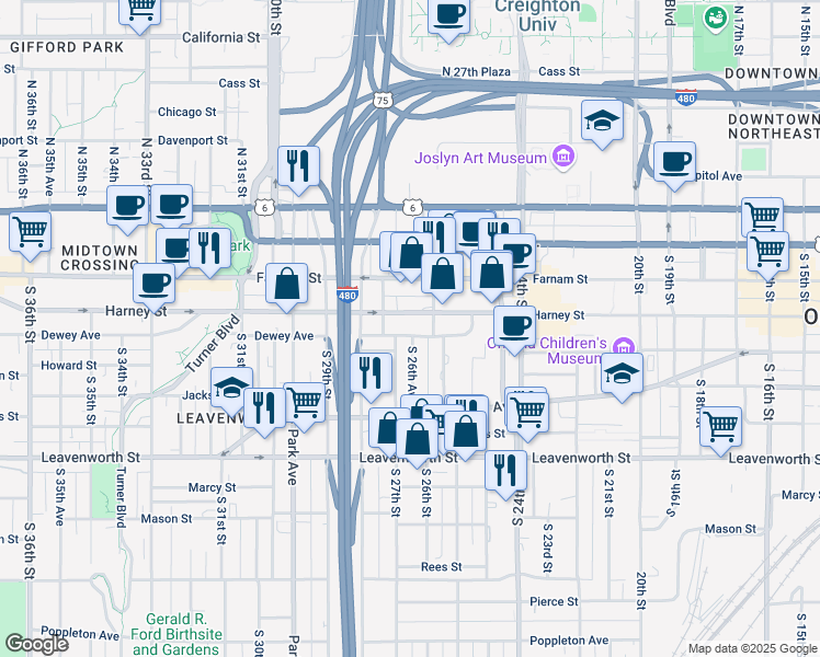 map of restaurants, bars, coffee shops, grocery stores, and more near 2620 Dewey Avenue in Omaha
