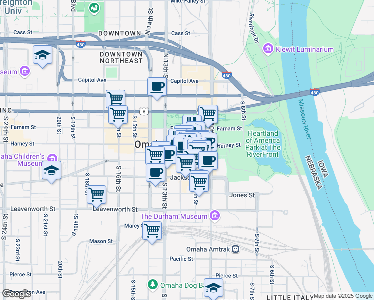 map of restaurants, bars, coffee shops, grocery stores, and more near 1102 Harney Street in Omaha
