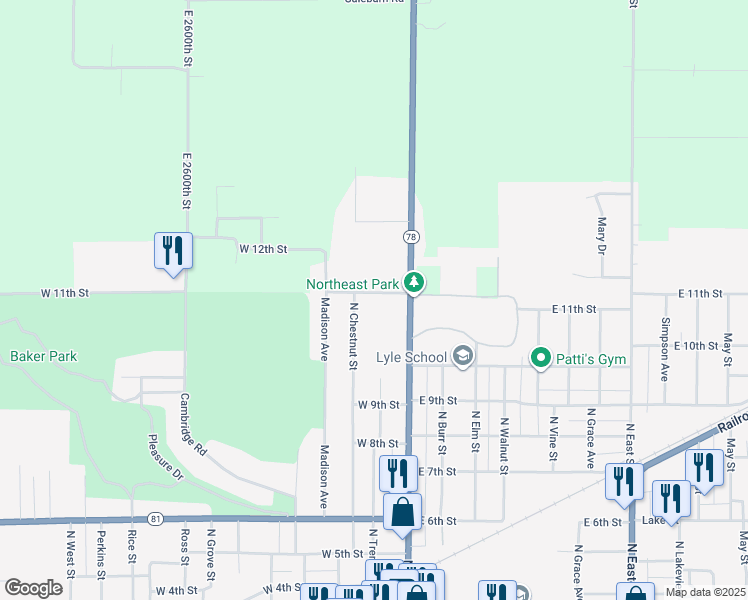 map of restaurants, bars, coffee shops, grocery stores, and more near 221 West 11th Street in Kewanee