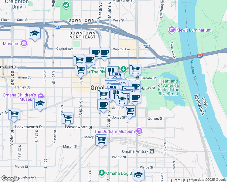 map of restaurants, bars, coffee shops, grocery stores, and more near in Omaha