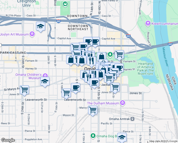 map of restaurants, bars, coffee shops, grocery stores, and more near 1416 Howard Street in Omaha