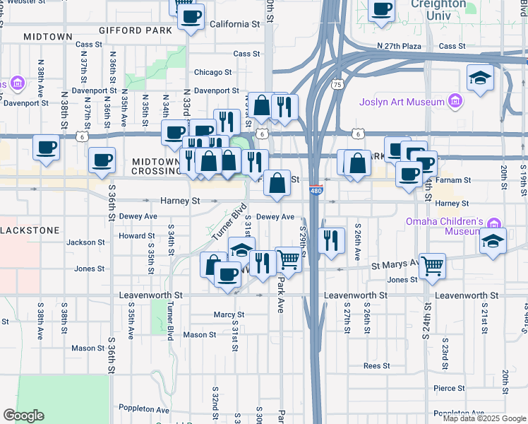 map of restaurants, bars, coffee shops, grocery stores, and more near 2945 Dewey Avenue in Omaha