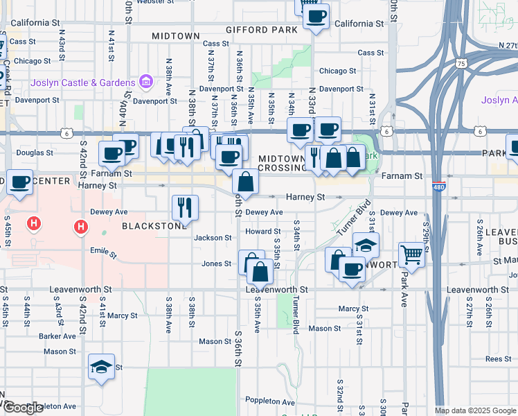 map of restaurants, bars, coffee shops, grocery stores, and more near in Omaha