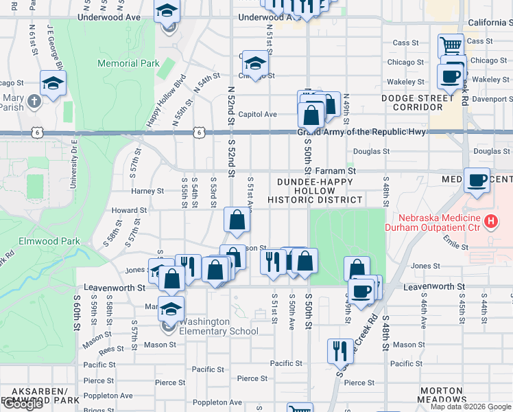 map of restaurants, bars, coffee shops, grocery stores, and more near 502 South 51st Avenue in Omaha