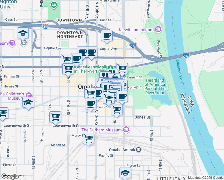 map of restaurants, bars, coffee shops, grocery stores, and more near 1105 Harney Street in Omaha