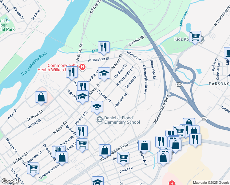 map of restaurants, bars, coffee shops, grocery stores, and more near 643 North Washington Street in Wilkes-Barre