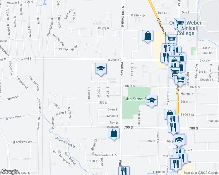 map of restaurants, bars, coffee shops, grocery stores, and more near 454 South 150 West in Ogden