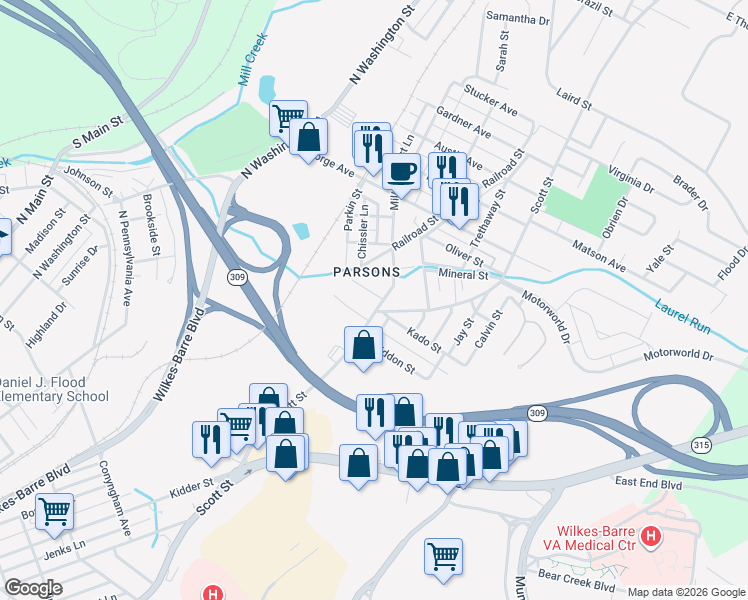 map of restaurants, bars, coffee shops, grocery stores, and more near 848 Mill Street in Wilkes-Barre