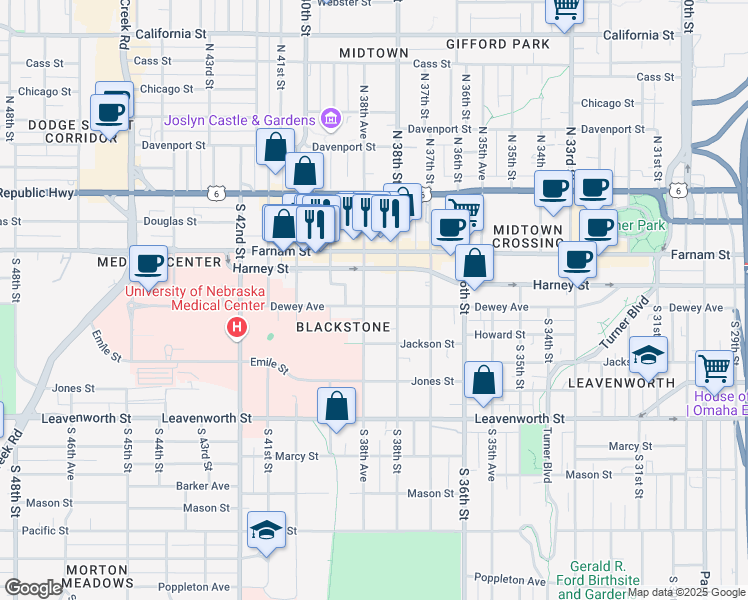 map of restaurants, bars, coffee shops, grocery stores, and more near 3814 Dewey Avenue in Omaha