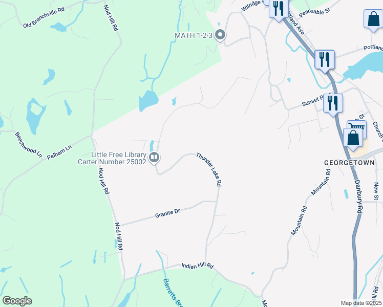 map of restaurants, bars, coffee shops, grocery stores, and more near 121 Thunder Lake Road in Wilton