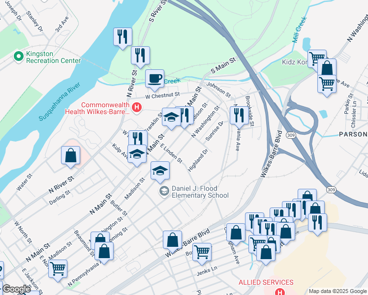 map of restaurants, bars, coffee shops, grocery stores, and more near 643 North Washington Street in Wilkes-Barre