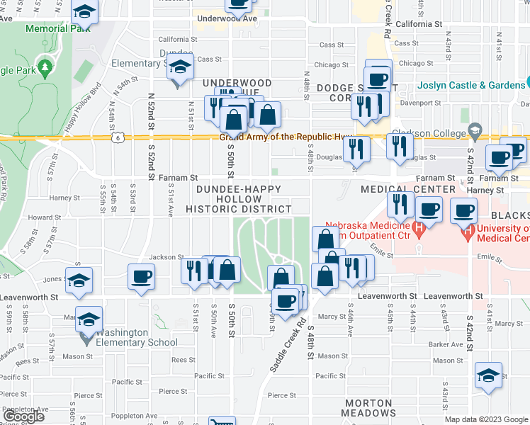 map of restaurants, bars, coffee shops, grocery stores, and more near 412 South 49th Street in Omaha