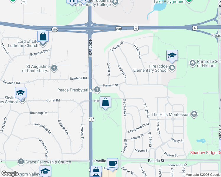 map of restaurants, bars, coffee shops, grocery stores, and more near 20169 Farnam Street in Omaha