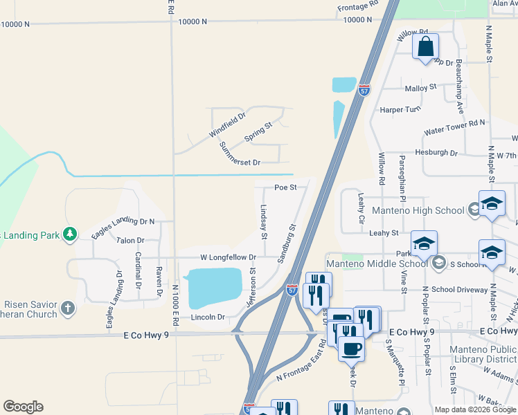 map of restaurants, bars, coffee shops, grocery stores, and more near 663 Lindsay Street in Manteno