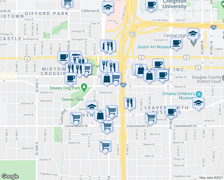 map of restaurants, bars, coffee shops, grocery stores, and more near 421 Park Avenue in Omaha