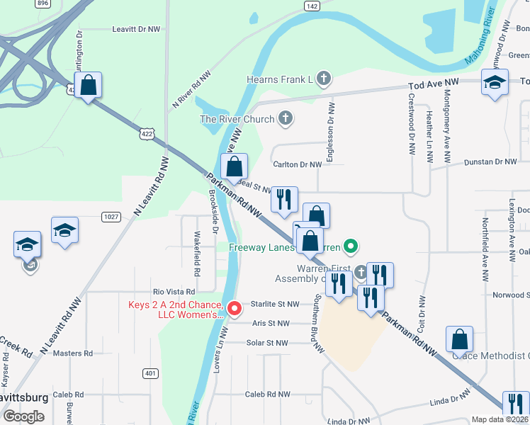 map of restaurants, bars, coffee shops, grocery stores, and more near 3000 Parkman Road Northwest in Warren