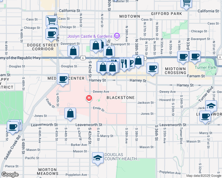 map of restaurants, bars, coffee shops, grocery stores, and more near 3910 Dewey Avenue in Omaha