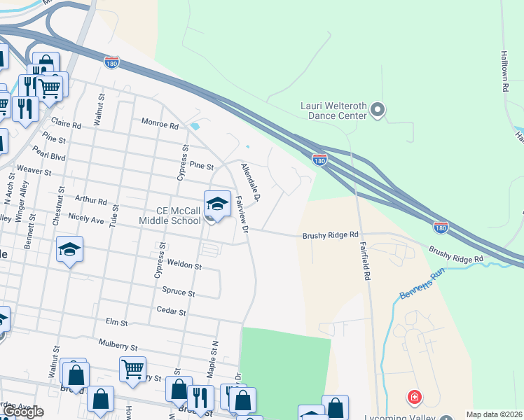 map of restaurants, bars, coffee shops, grocery stores, and more near 131 Allendale Drive in Montoursville