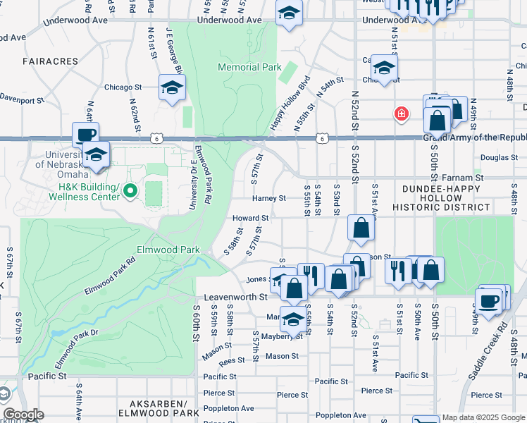 map of restaurants, bars, coffee shops, grocery stores, and more near 5607 Howard Street in Omaha