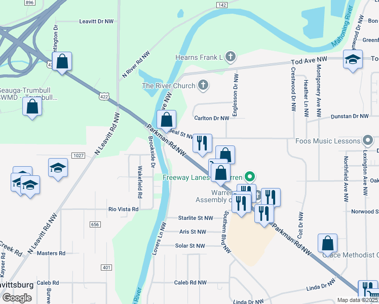 map of restaurants, bars, coffee shops, grocery stores, and more near 3000 Parkman Road Northwest in Warren