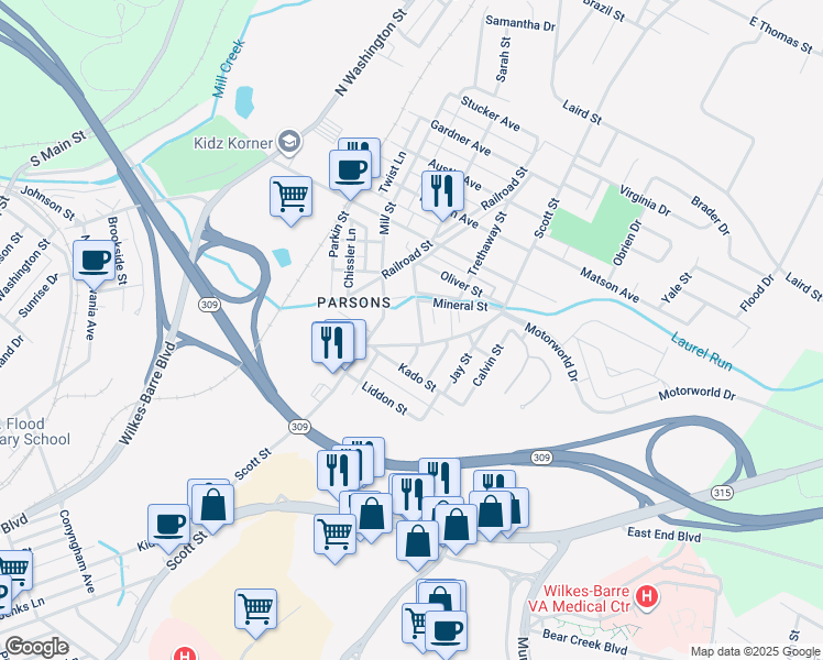 map of restaurants, bars, coffee shops, grocery stores, and more near 902 Scott Street in Wilkes-Barre