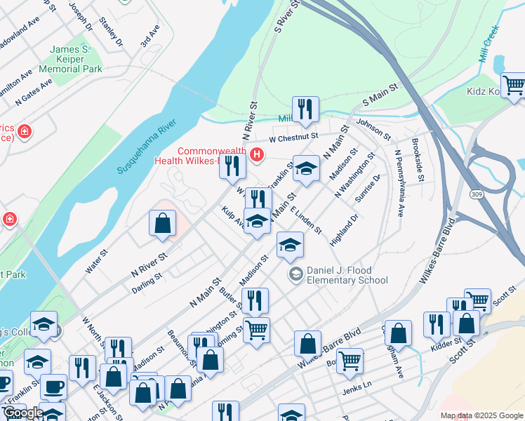 map of restaurants, bars, coffee shops, grocery stores, and more near 16 West Maple Street in Wilkes-Barre