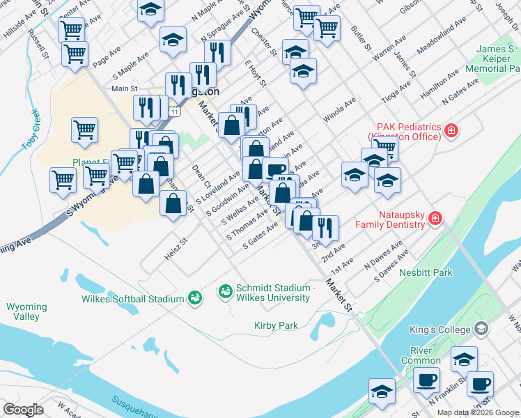 map of restaurants, bars, coffee shops, grocery stores, and more near 368 Market Street in Kingston