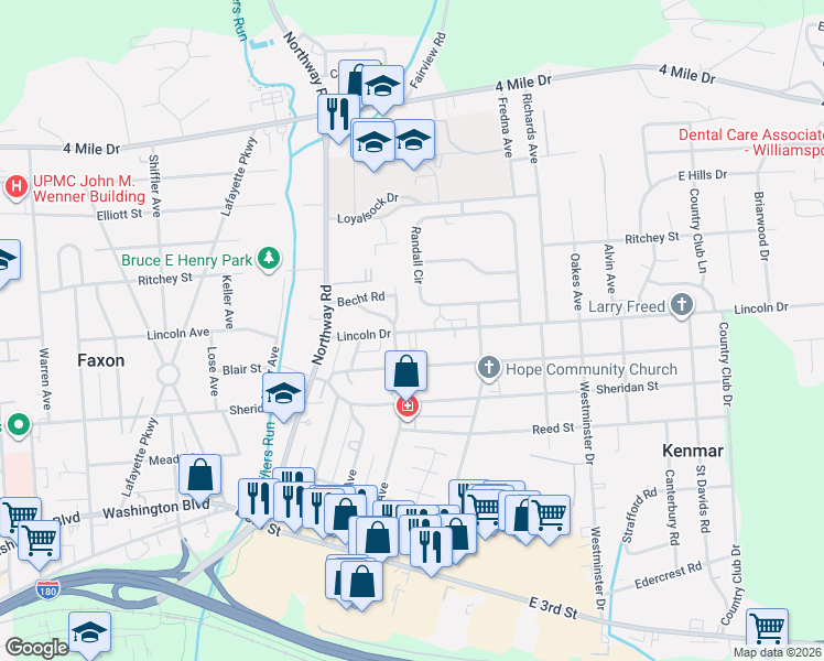 map of restaurants, bars, coffee shops, grocery stores, and more near 2098 Lincoln Drive in Williamsport