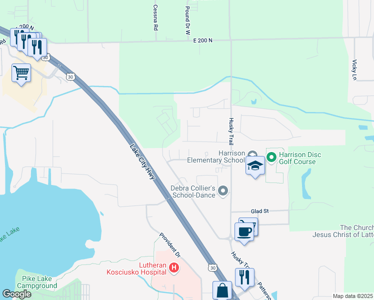map of restaurants, bars, coffee shops, grocery stores, and more near 1904 North Sandcastle Drive in Warsaw