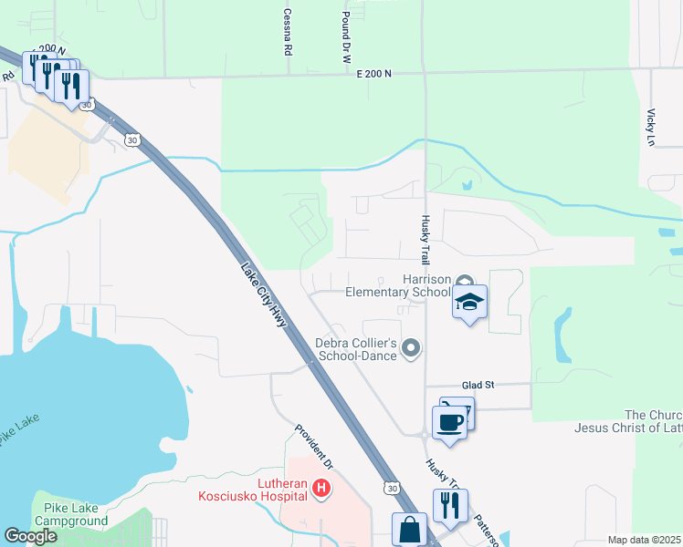 map of restaurants, bars, coffee shops, grocery stores, and more near 1904 North Sandcastle Drive in Warsaw