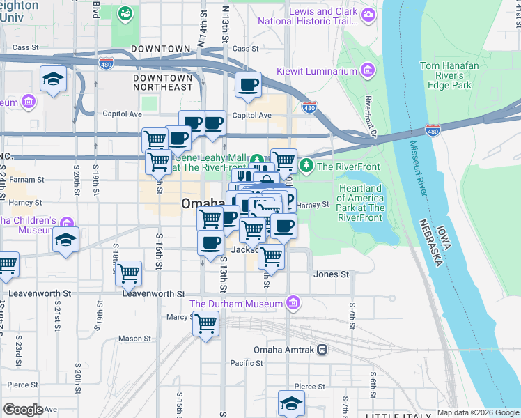 map of restaurants, bars, coffee shops, grocery stores, and more near 1102 Harney Street in Omaha