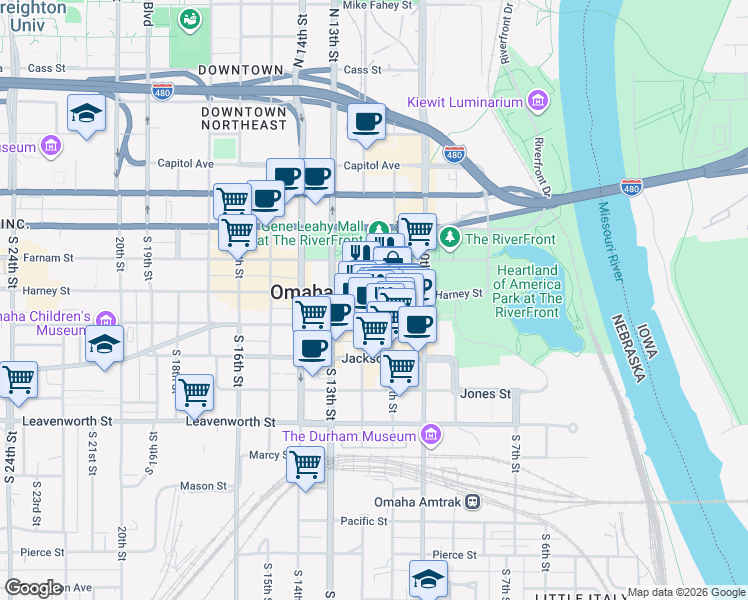 map of restaurants, bars, coffee shops, grocery stores, and more near 1102 Harney Street in Omaha