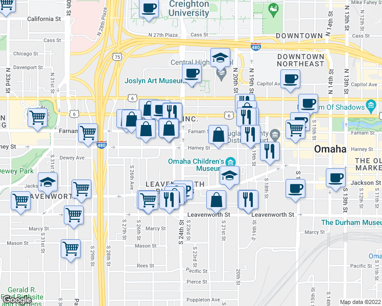 map of restaurants, bars, coffee shops, grocery stores, and more near 230 Dewey Avenue in Omaha