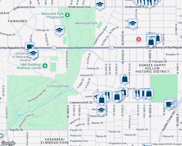 map of restaurants, bars, coffee shops, grocery stores, and more near 5607 Howard Street in Omaha