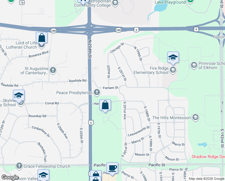 map of restaurants, bars, coffee shops, grocery stores, and more near 20169 Farnam Street in Omaha