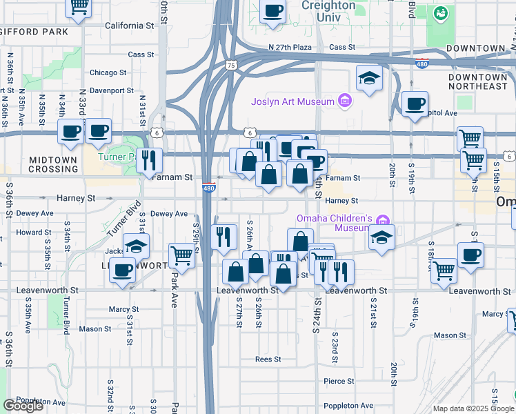 map of restaurants, bars, coffee shops, grocery stores, and more near 2601 Harney Street in Omaha