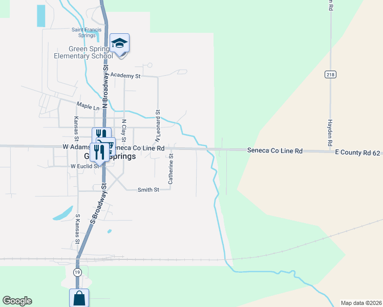 map of restaurants, bars, coffee shops, grocery stores, and more near 415 East Adams Street in Green Springs
