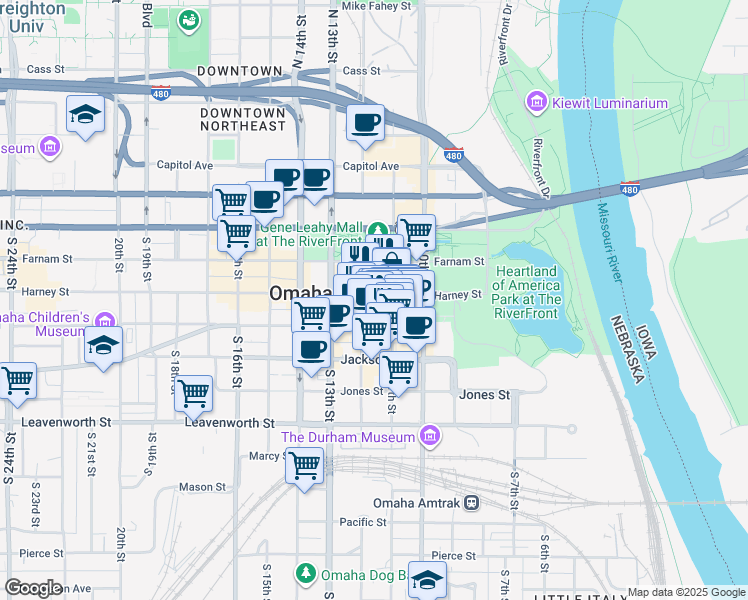 map of restaurants, bars, coffee shops, grocery stores, and more near 1115 Harney Street in Omaha