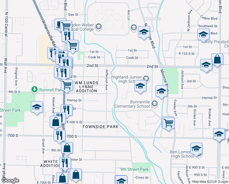 map of restaurants, bars, coffee shops, grocery stores, and more near 627 4th Street South in Ogden
