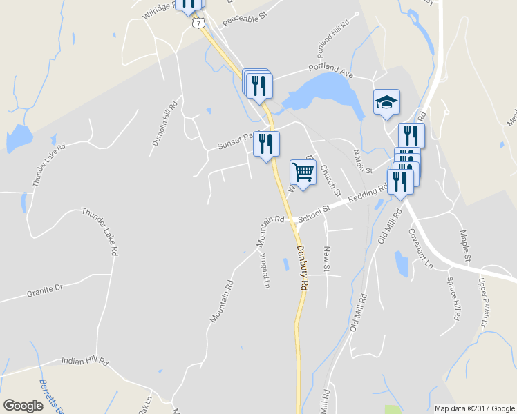 map of restaurants, bars, coffee shops, grocery stores, and more near 16 Mountain Road in Wilton